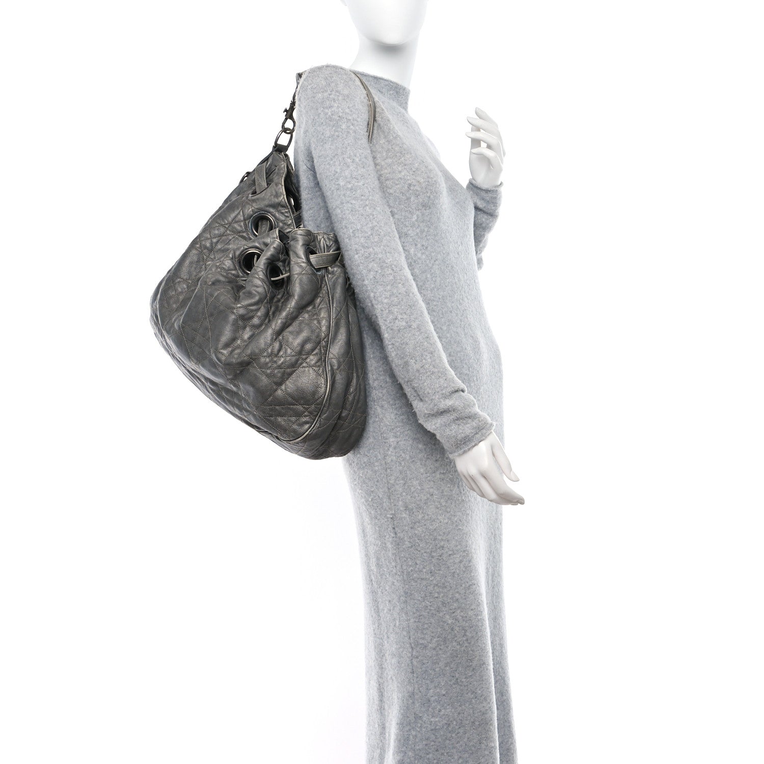 Christian Dior Metallic Lambskin Cannage Drawstring Bag Grey 2 of 10
