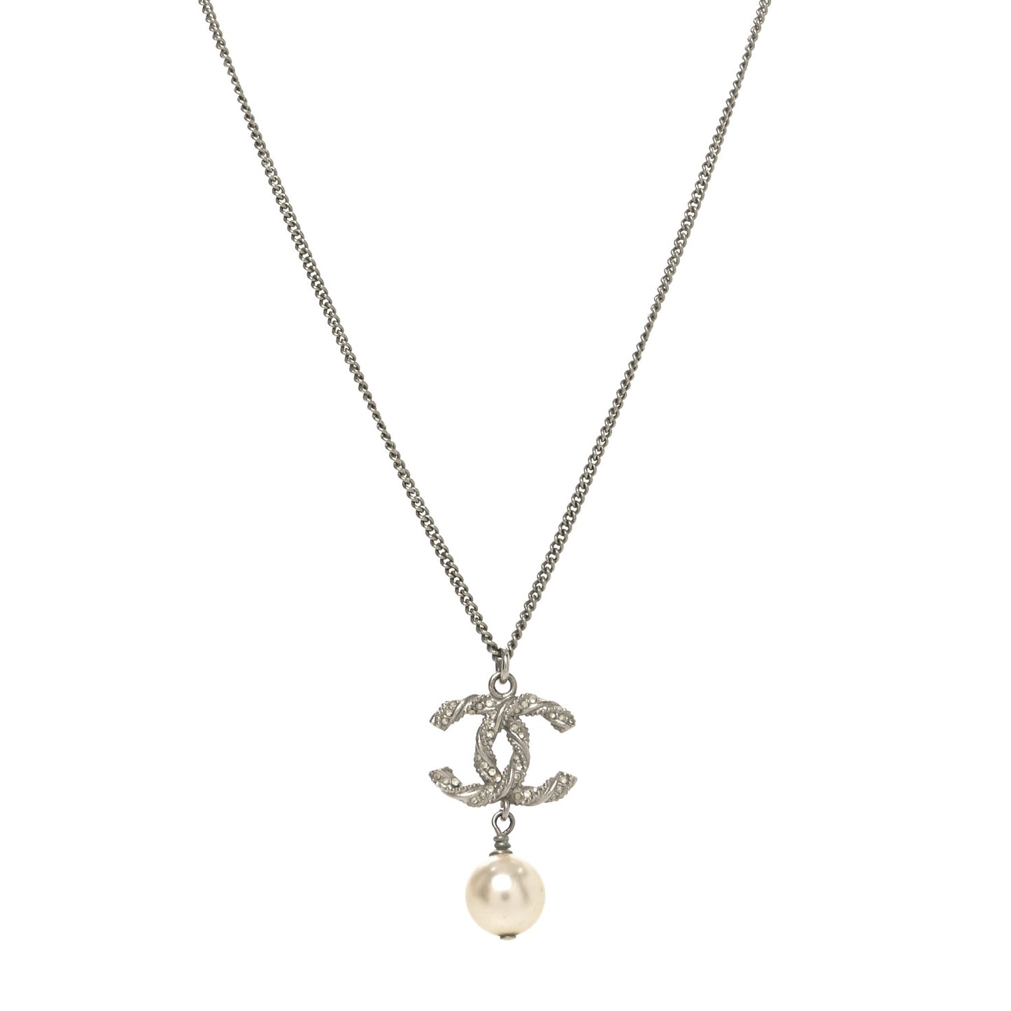 Crystal Pearl Twisted CC Drop Necklace Silver