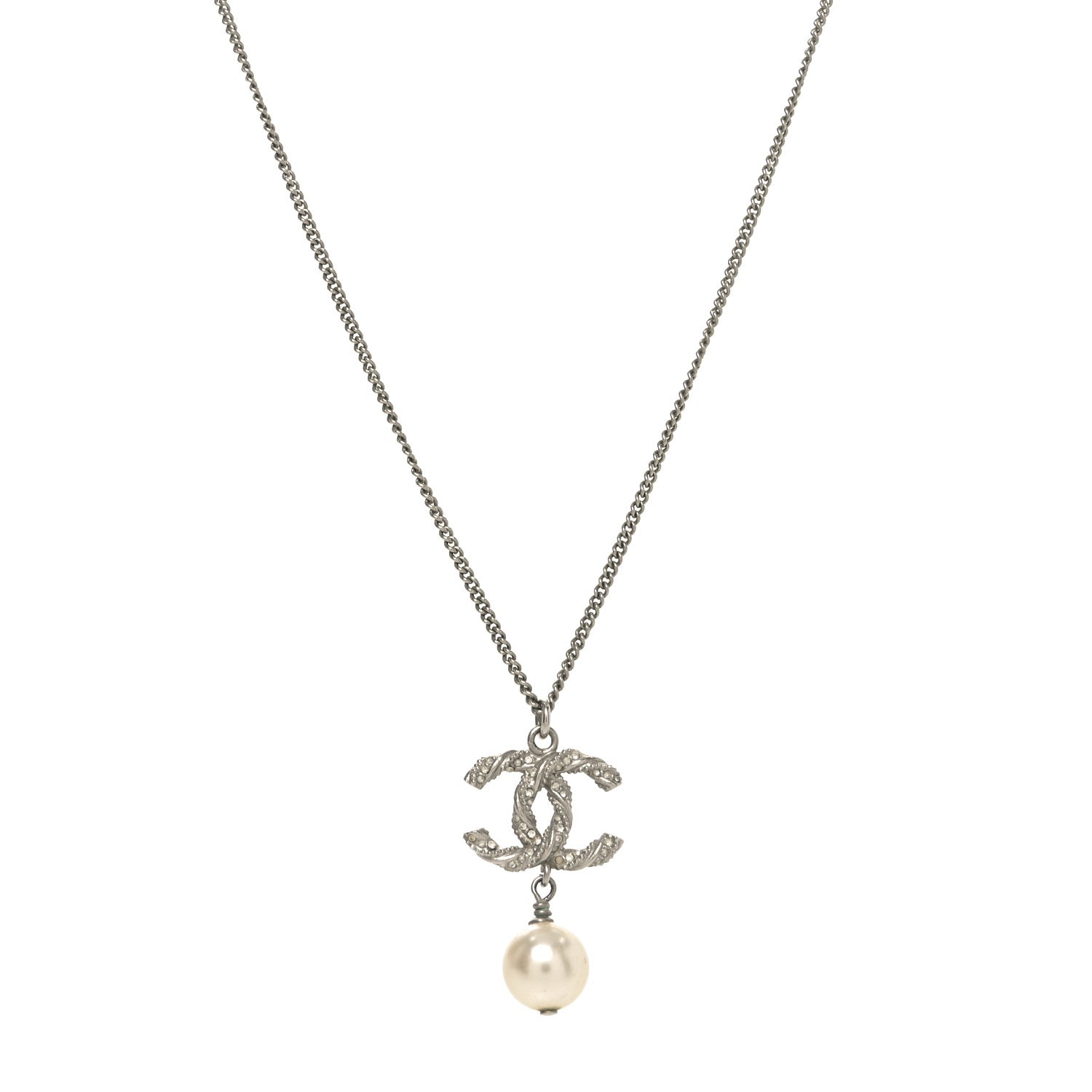 Chanel Crystal Pearl Twisted CC Drop Necklace Silver 1 of 4
