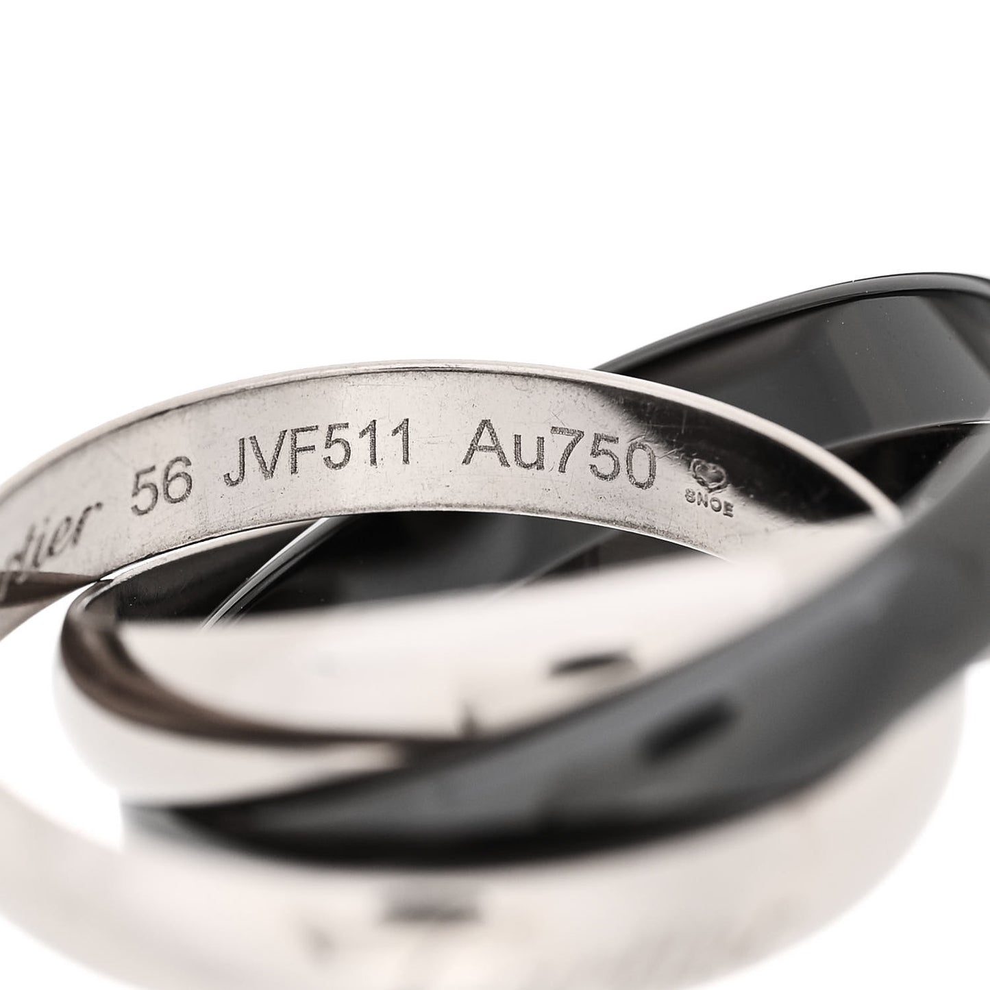 18K White Gold Black Ceramic Trinity Ring 56 7.5