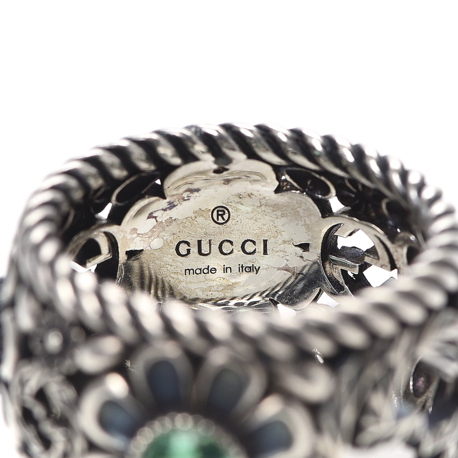 Gucci Sterling Silver Crystal Garden Band Ring Green 58 8.5 5 of 5