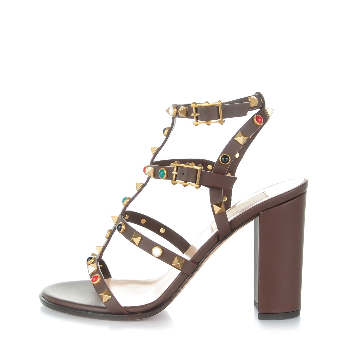 Calfskin Rockstud Rolling Cabochon 90mm City Sandals 37.5 Cacao
