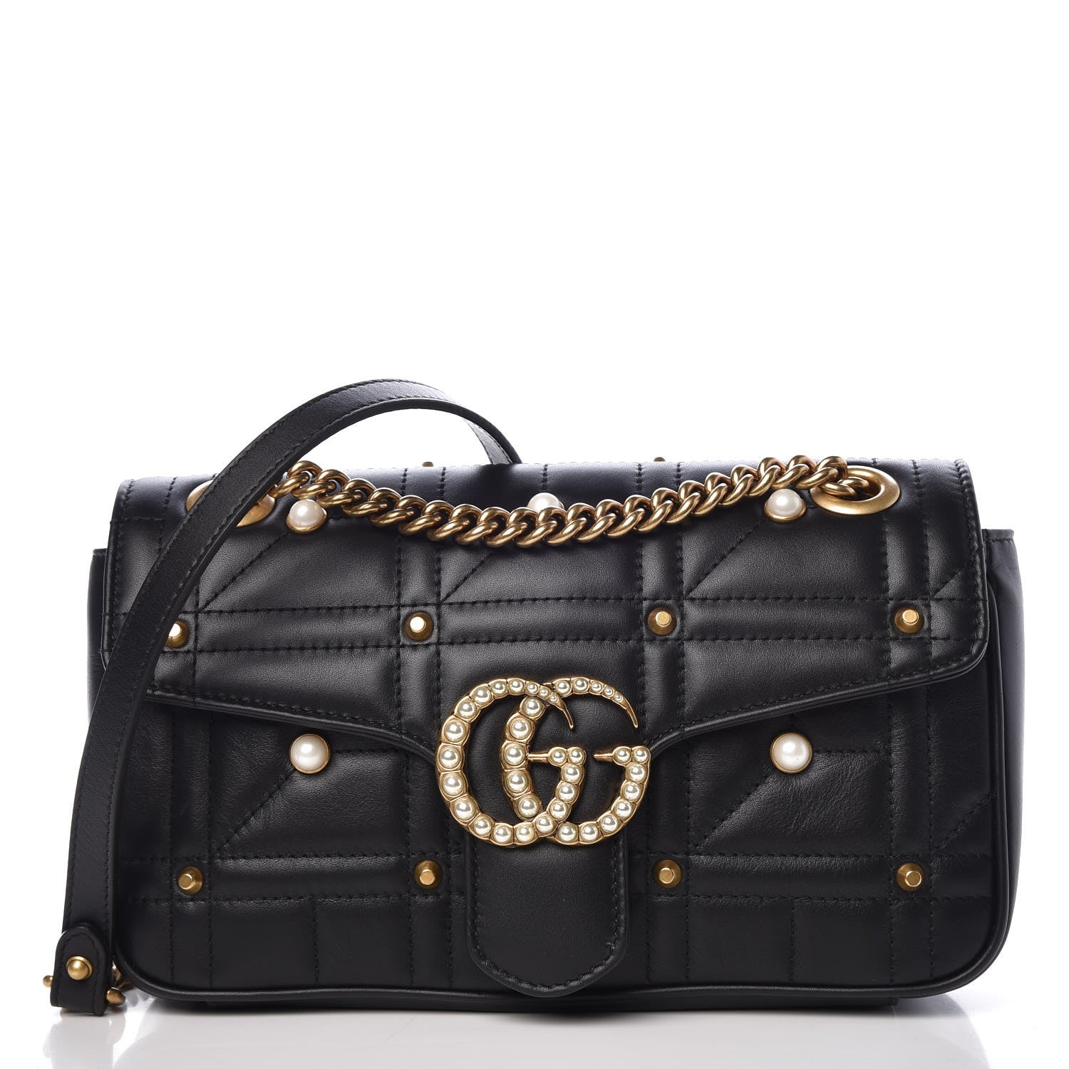 Gucci Calfskin Matelasse Studded Small Pearly GG Marmont Shoulder Bag Black 1 of 7