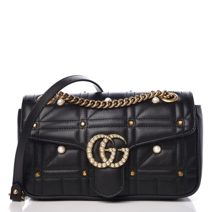Gucci Calfskin Matelasse Studded Small Pearly GG Marmont Shoulder Bag Black 1 of 7
