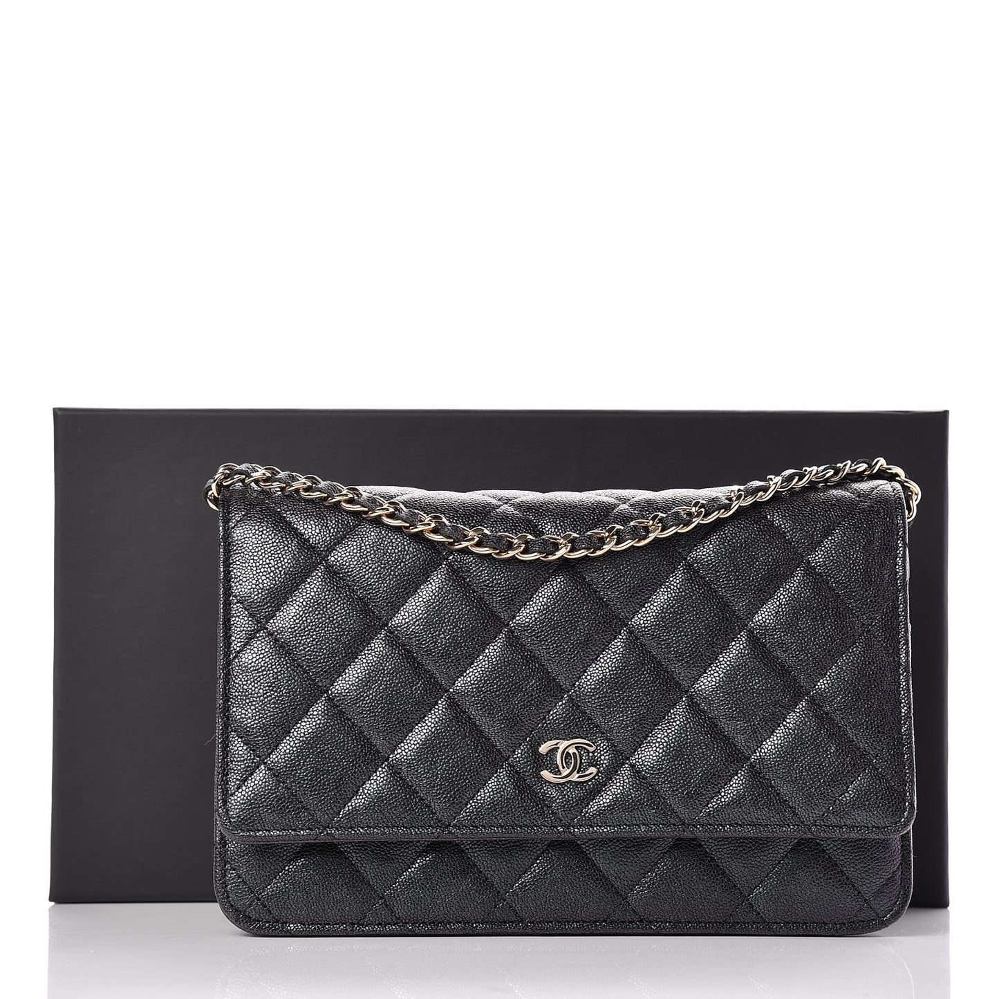 Iridescent Caviar Quilted Wallet On Chain WOC Black