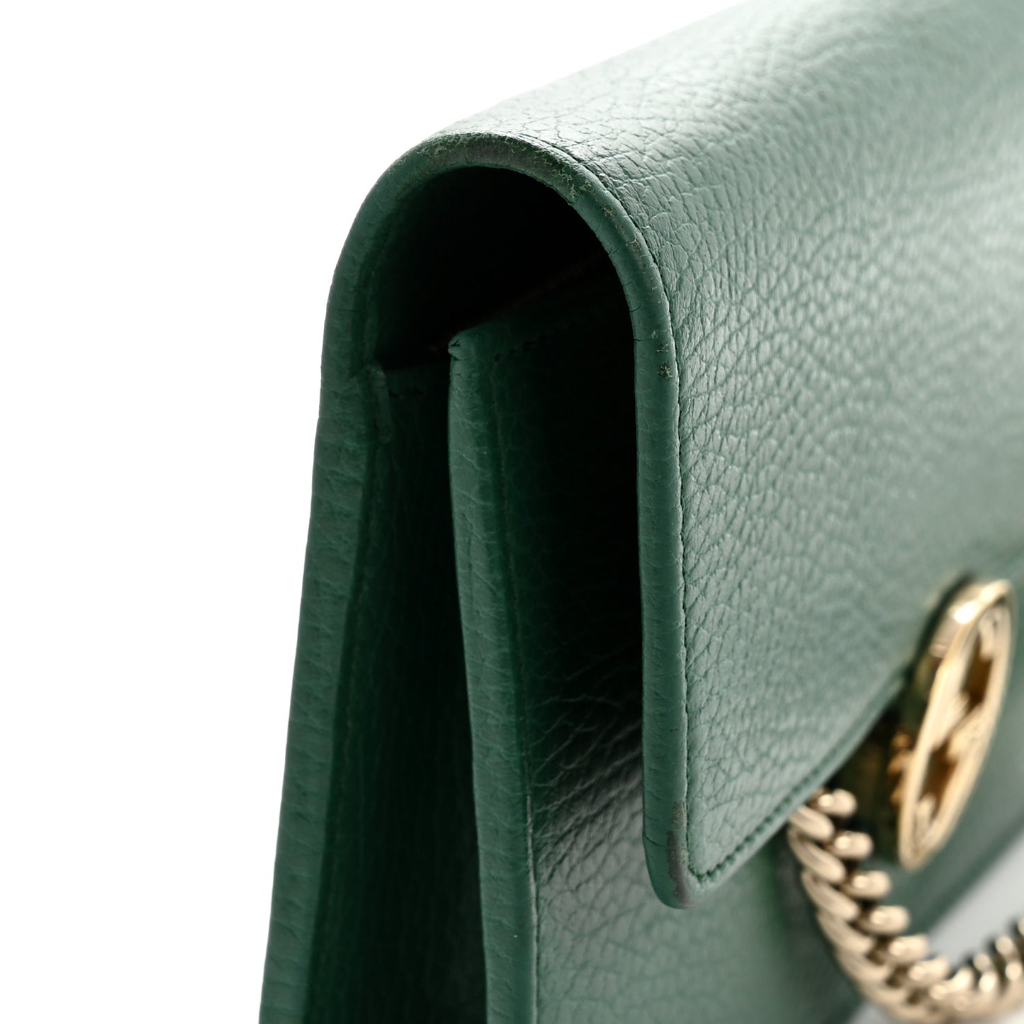 Dollar Calfskin Interlocking G Chain Wallet Emerald