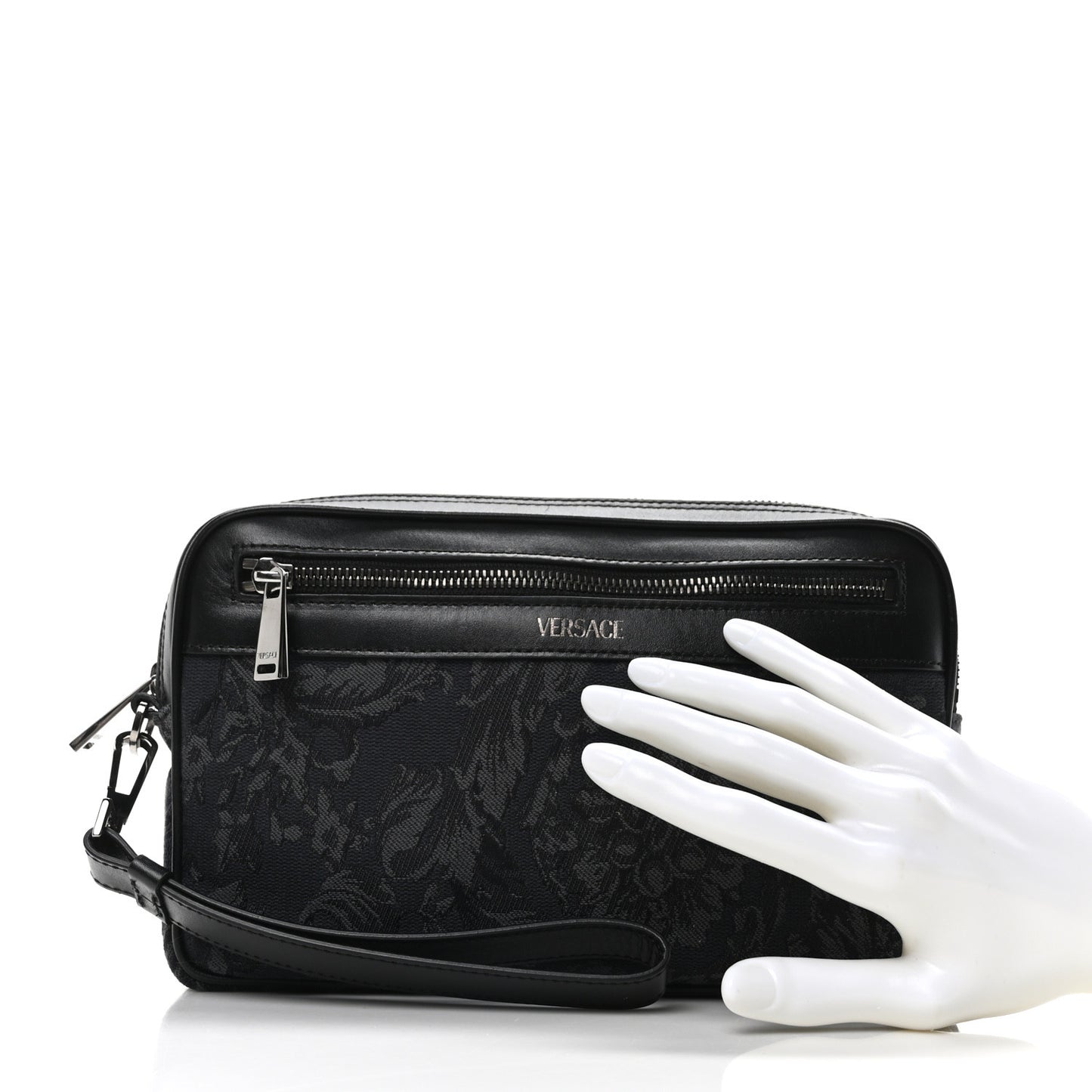 Fabric Jacquard Calfskin Barocco Wristlet Pouch Black