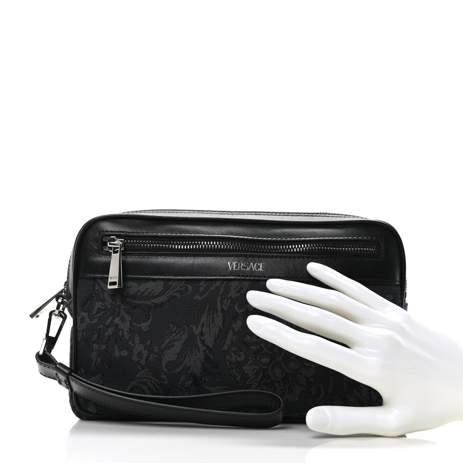 Versace Fabric Jacquard Calfskin Barocco Wristlet Pouch Black 2 of 10