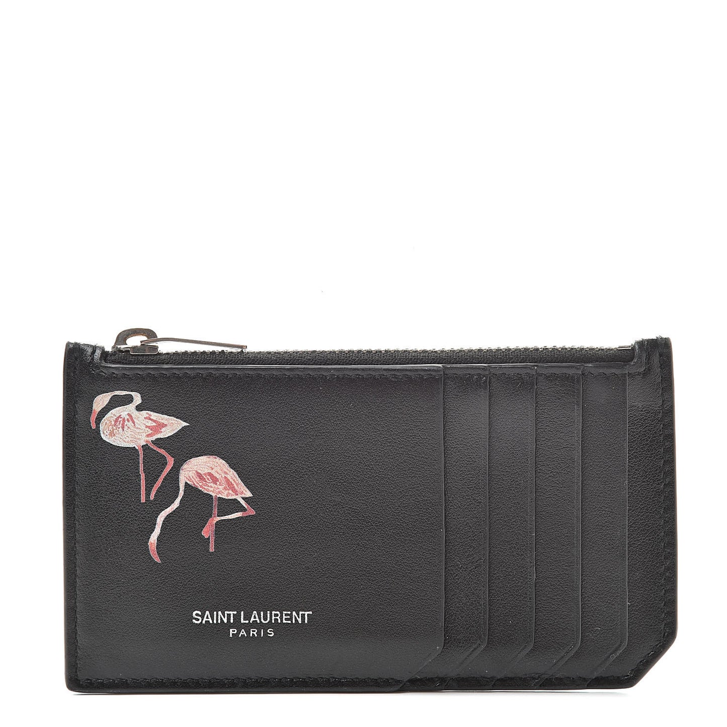 Calfskin Print Flamingo 5 Fragments Zip Pouch Card Holder Black