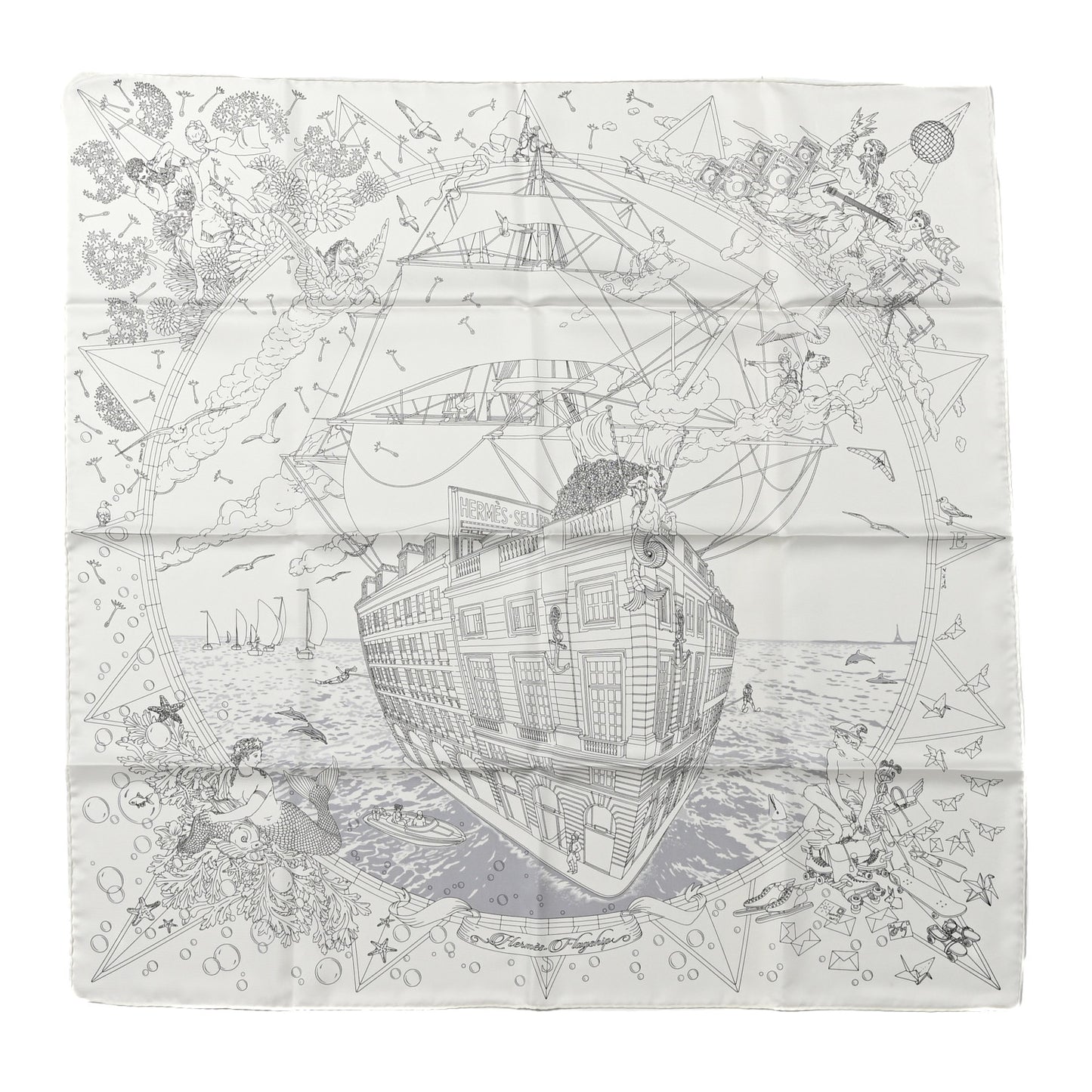 Silk Flagship Scarf 90 White Black Gris