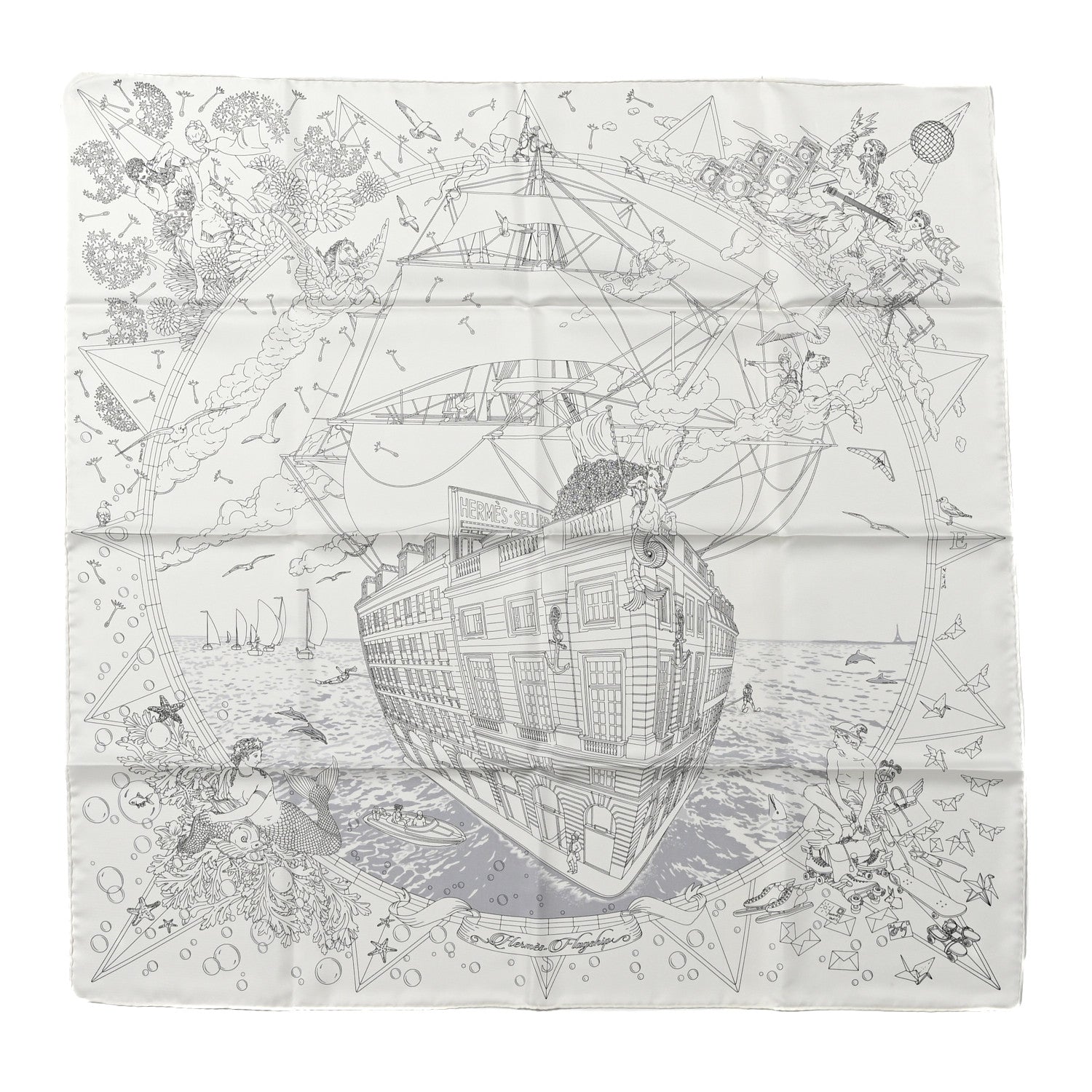 Hermes Silk Flagship Scarf 90 White Black Gris 1 of 7