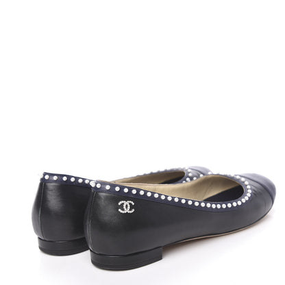 Chanel Lambskin Pearl Cap Toe CC Ballerina Flats 40 Black Navy 4 of 12