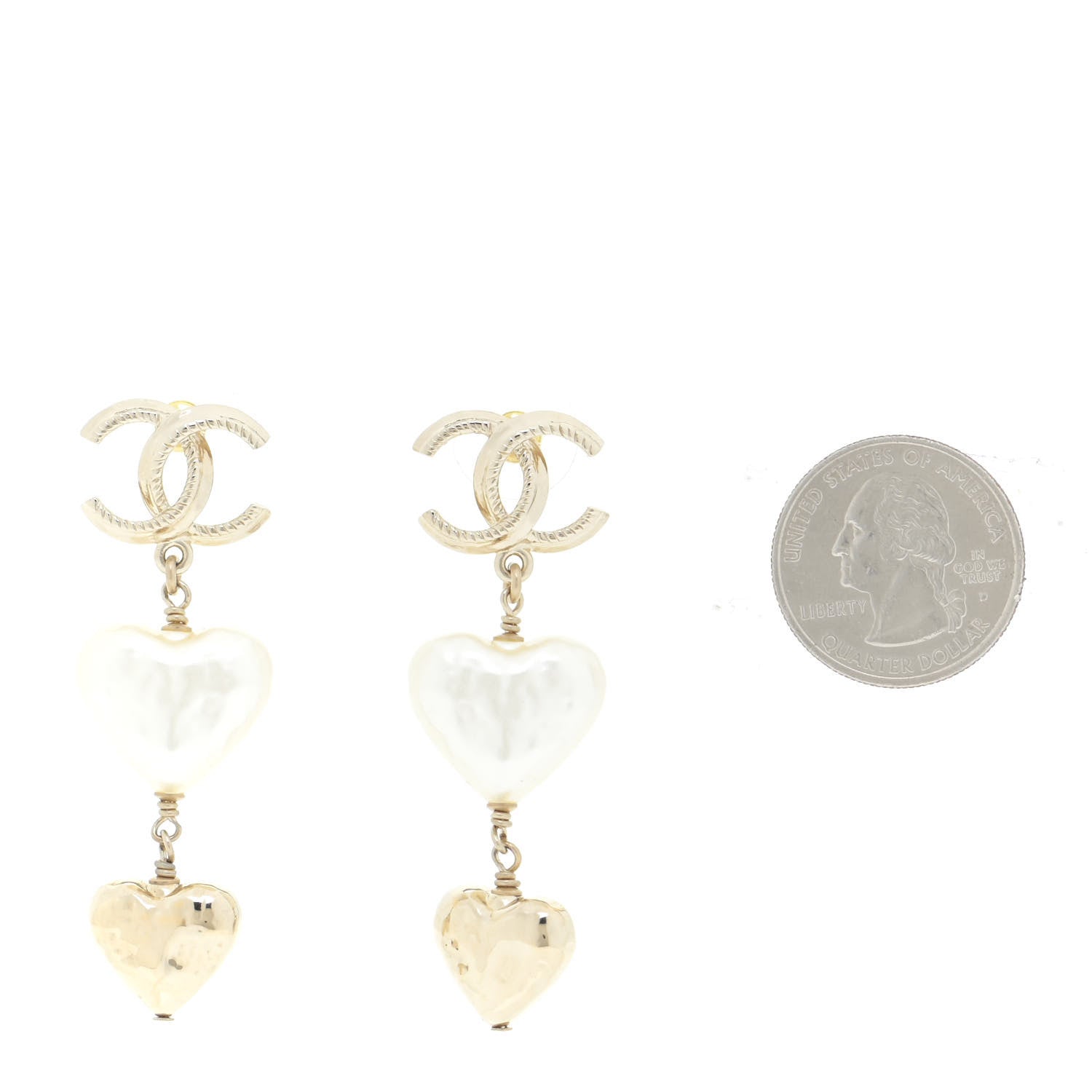 Chanel Pearl CC Double Heart Drop Earrings Gold 2 of 5
