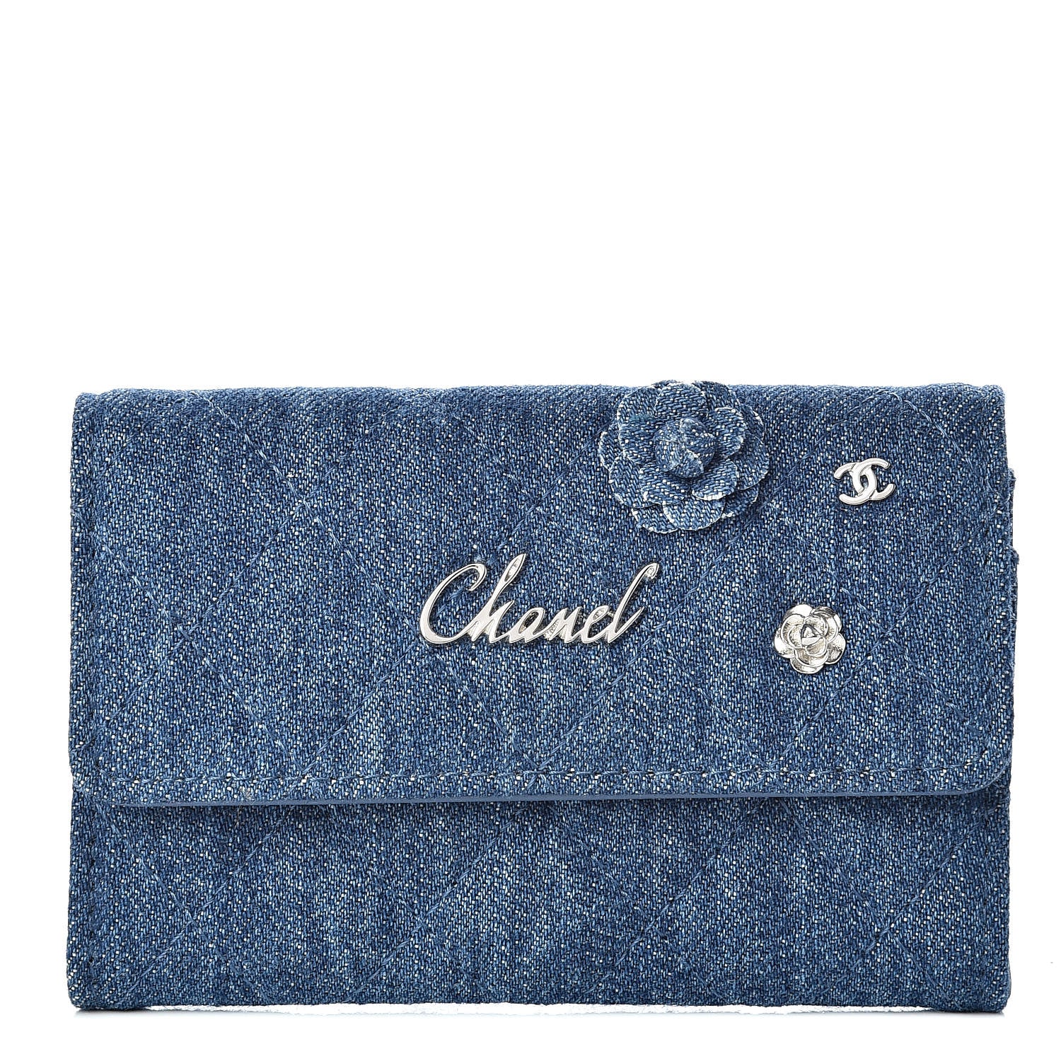 Chanel Denim Camelia Charms Card Holder Blue 1 of 8