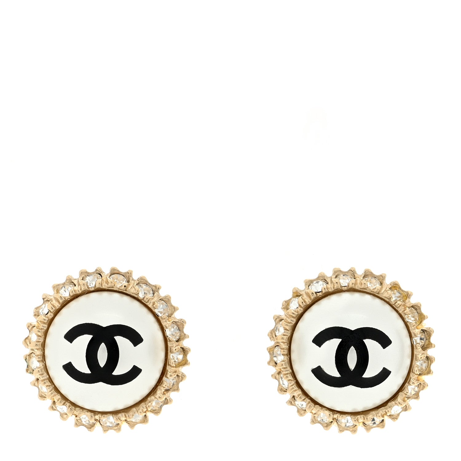 Chanel Crystal Pearl CC Round Earrings Gold Pearly White Black 1 of 4