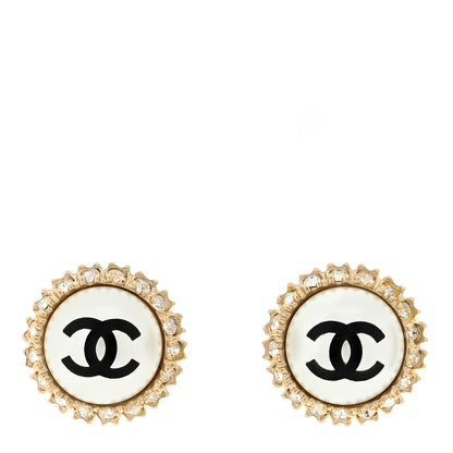 Chanel Crystal Pearl CC Round Earrings Gold Pearly White Black 1 of 4
