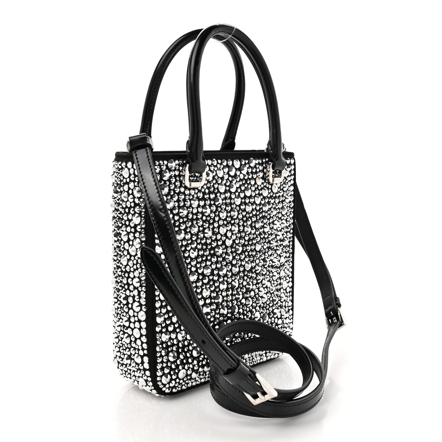 Satin Crystal Metal Triangle Logo Small Double Handle Crossbody Tote Metal