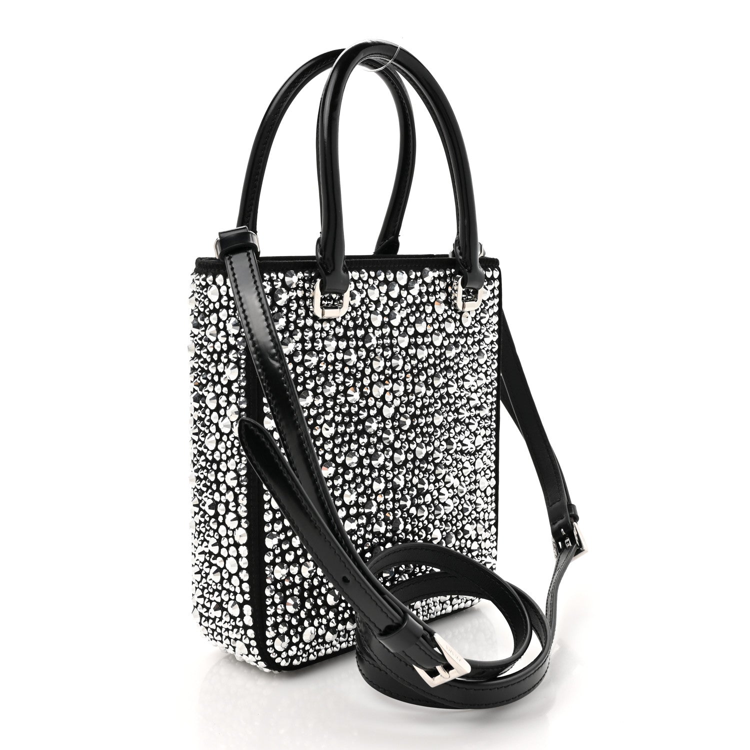 Prada Satin Crystal Metal Triangle Logo Small Double Handle Crossbody Tote Metal 3 of 9