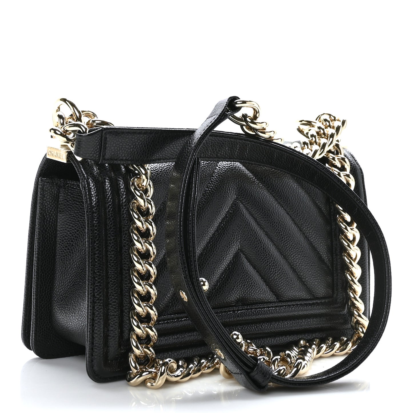 Caviar Chevron Quilted Small Boy Flap Black