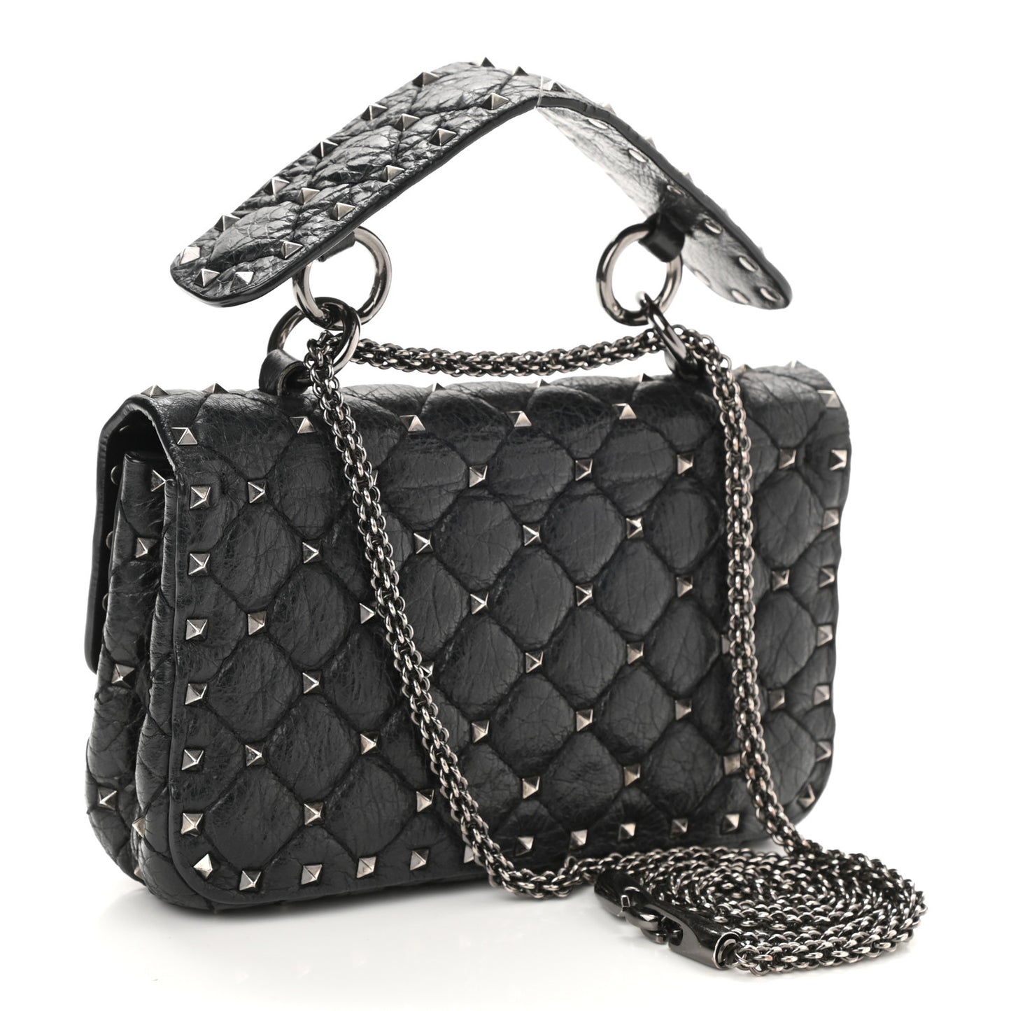 Craquele Nappa Small Rockstud Spike Shoulder Bag Black