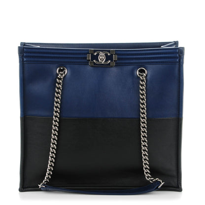 Chanel Calfskin Bi-Color Large Boy Tote Black Navy 1 of 7