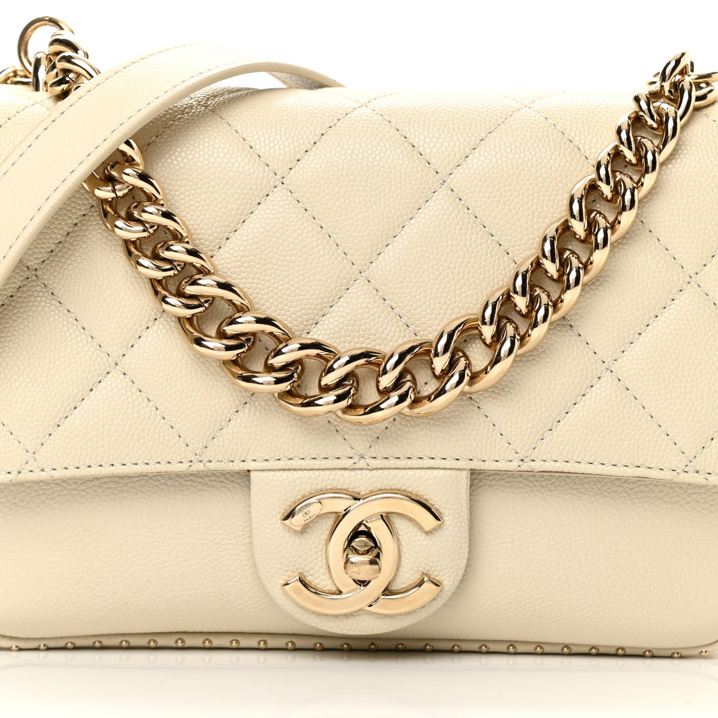 Caviar Quilted Small Studded Flap Off White