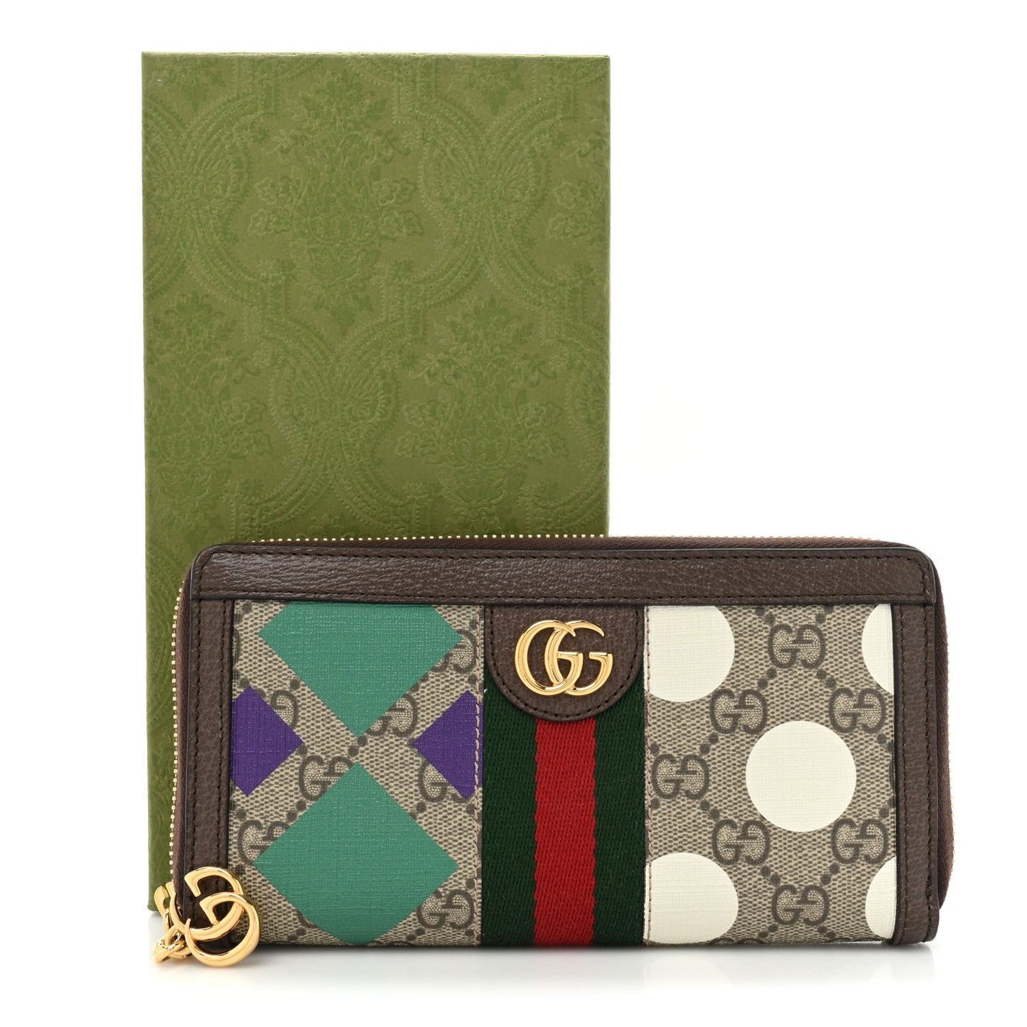 GG Supreme Monogram Web Geometric Ophidia Zip Around Wallet Beige Multicolor Brown Sugar