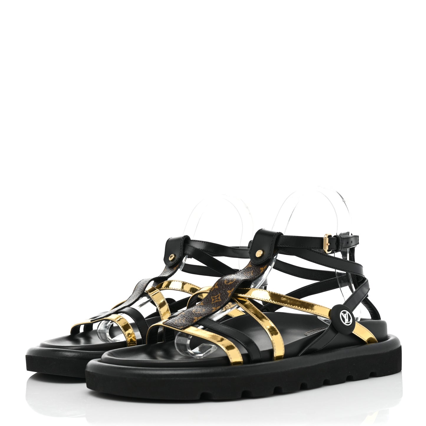 Patent Calfskin Monogram Pool Pillow Comfort Sandals 39 Gold Black Brown