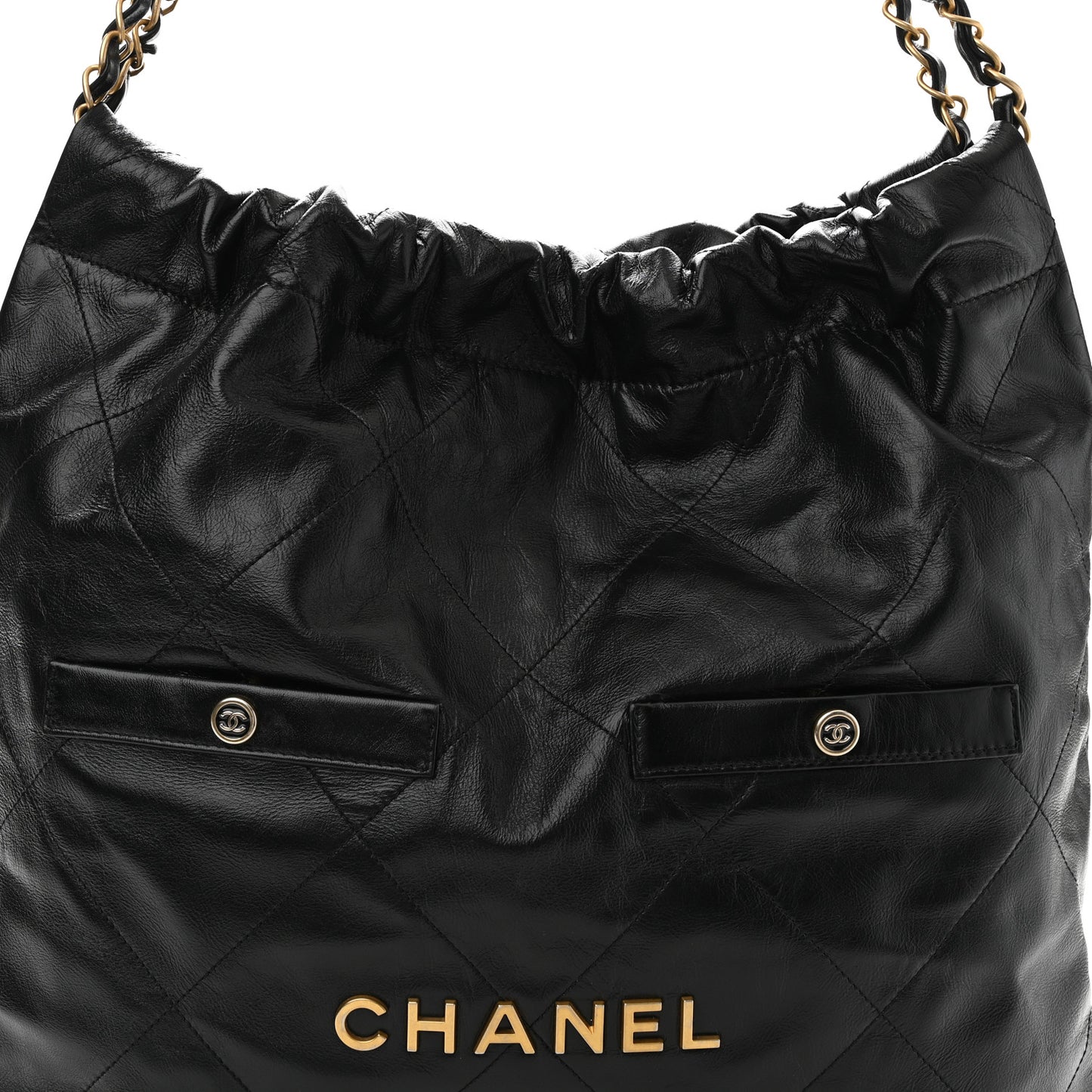 Shiny Calfskin Double Pocket Quilted Chanel 22 Black