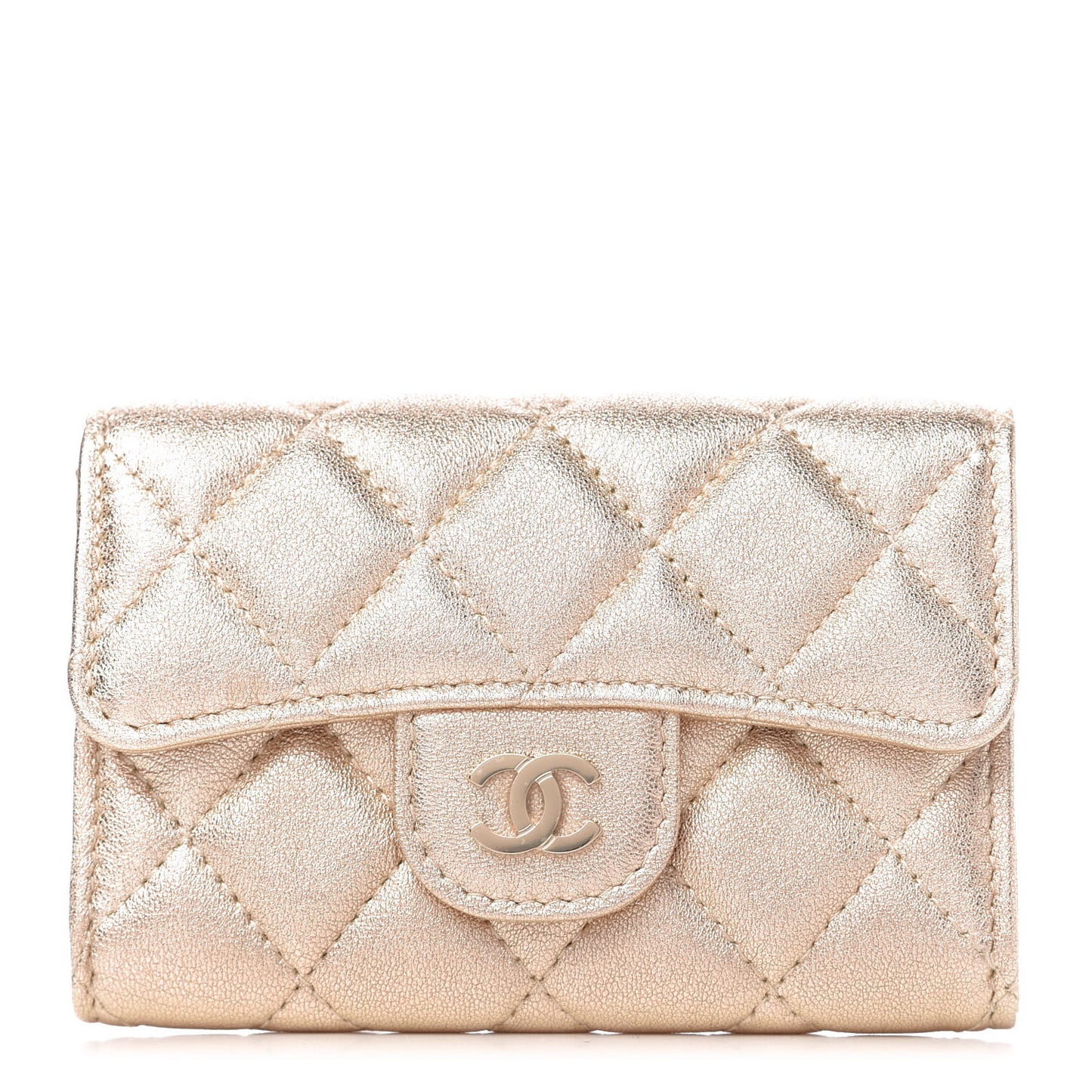 Metallic Lambskin Quilted Flap Card Holder Wallet Gold