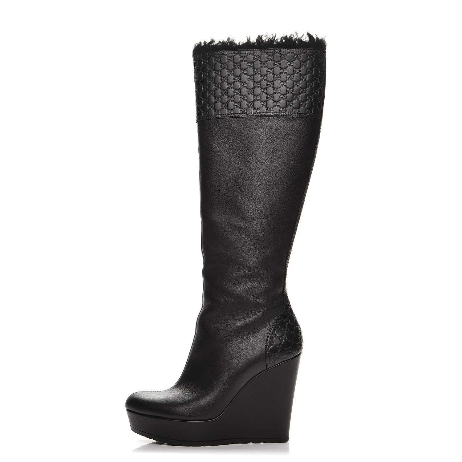 Gucci Microguccissima Shearling High Wedge Boots 36.5 Black 1 of 14
