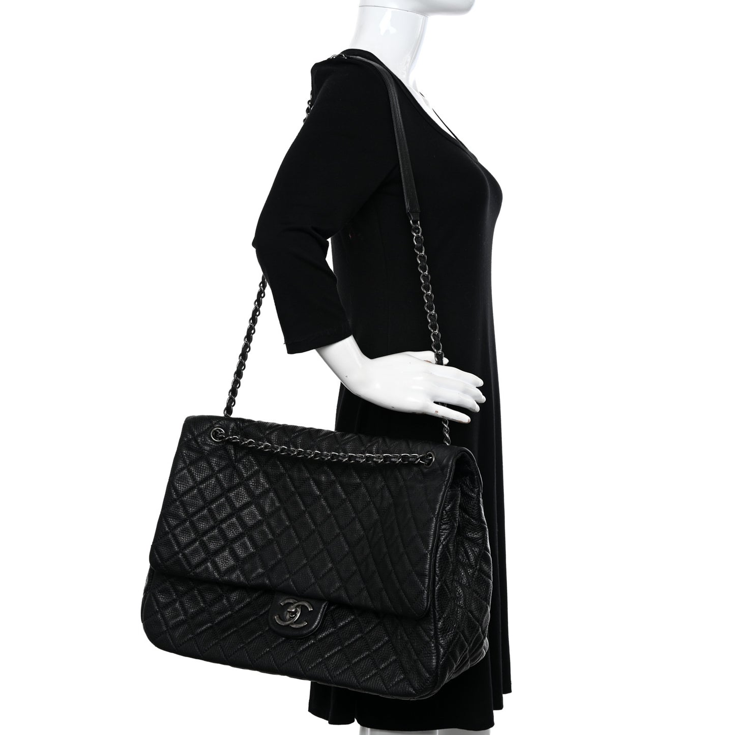 Grained Calfskin Quilted XXL Travel Flap Bag Black