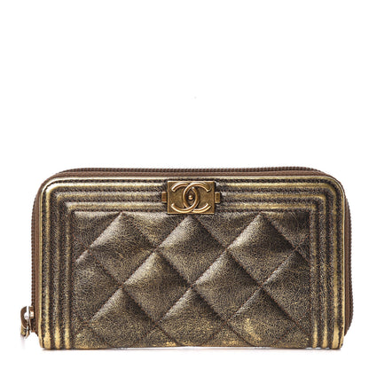 Chanel Cracked Metallic Calfskin Quilted Small Boy Zip Around Wallet Gold 1 of 11