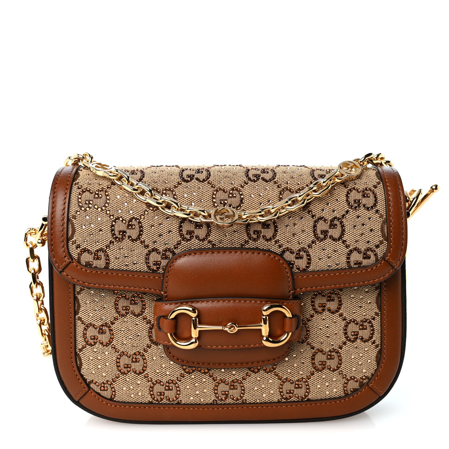 New Canvas Charisma Calfskin Crystal GG Monogram Mini Horsebit 1955 Shoulder Bag Camel Ebony