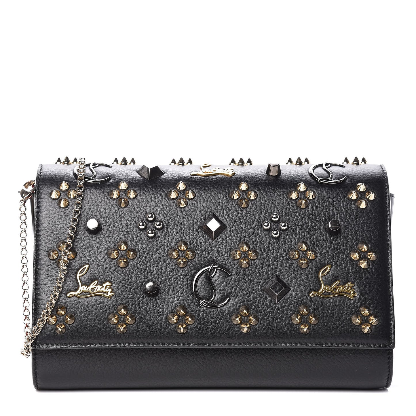 Grained Calfskin Spikes Loubinthesky Paloma Wallet On Chain Black Multimetal