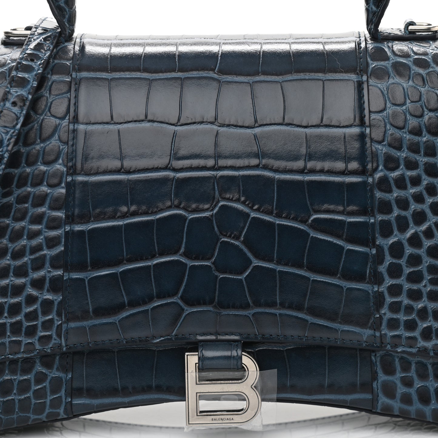 Shiny Calfskin Crocodile Embossed Medium Hourglass Top Handle Bag Denim Blue