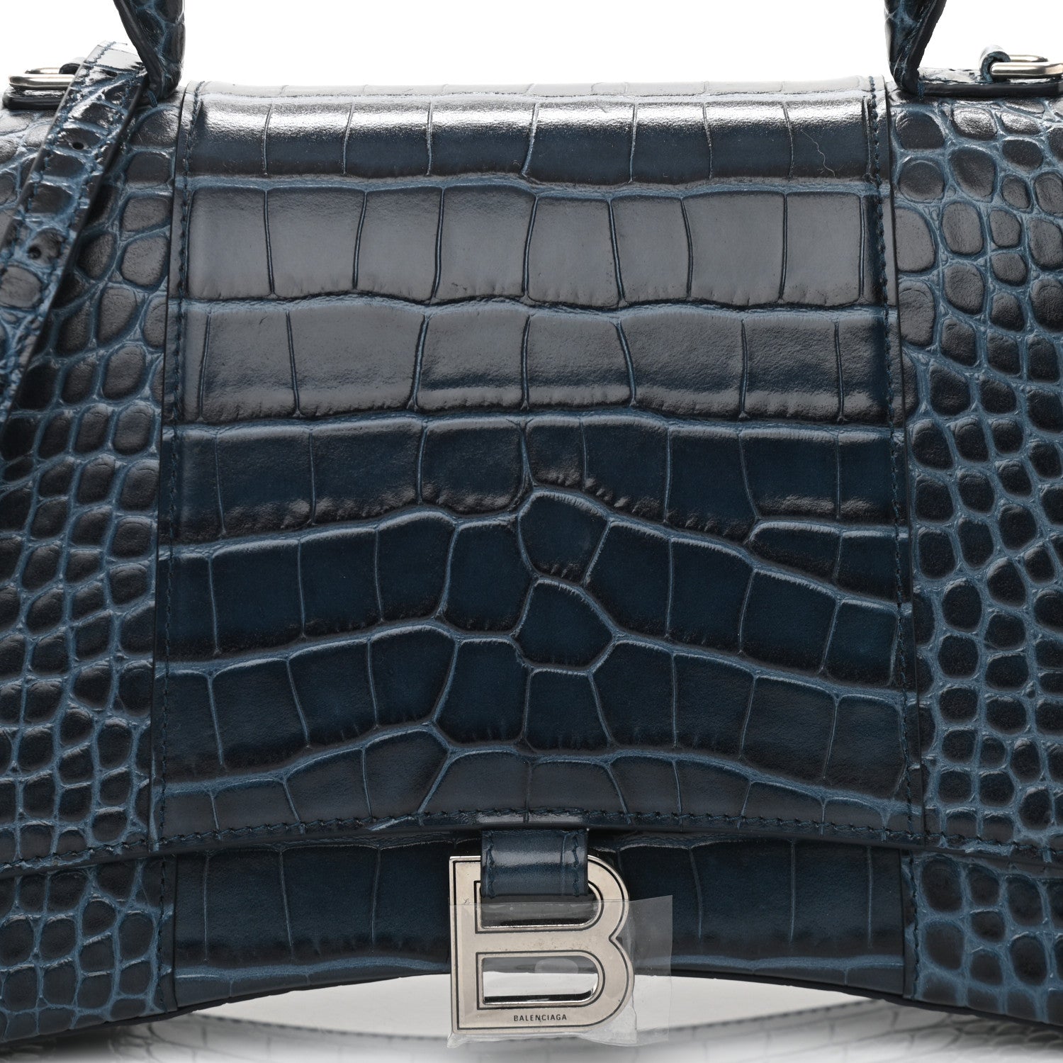 Balenciaga Shiny Calfskin Crocodile Embossed Medium Hourglass Top Handle Bag Denim Blue 8 of 13