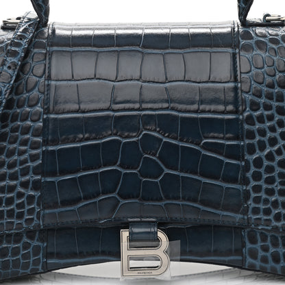 Balenciaga Shiny Calfskin Crocodile Embossed Medium Hourglass Top Handle Bag Denim Blue 8 of 13