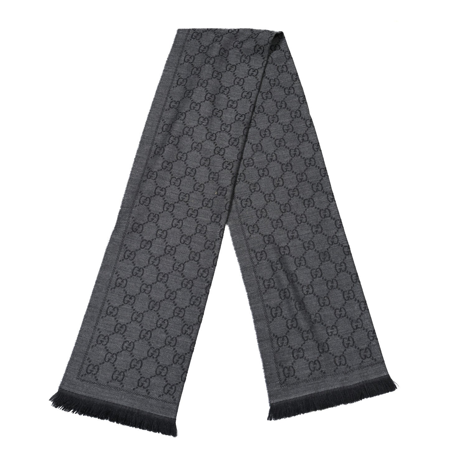 Gucci Wool Jacquard GG Monogram Sten Fringe Scarf Anthracite Black 2 of 5