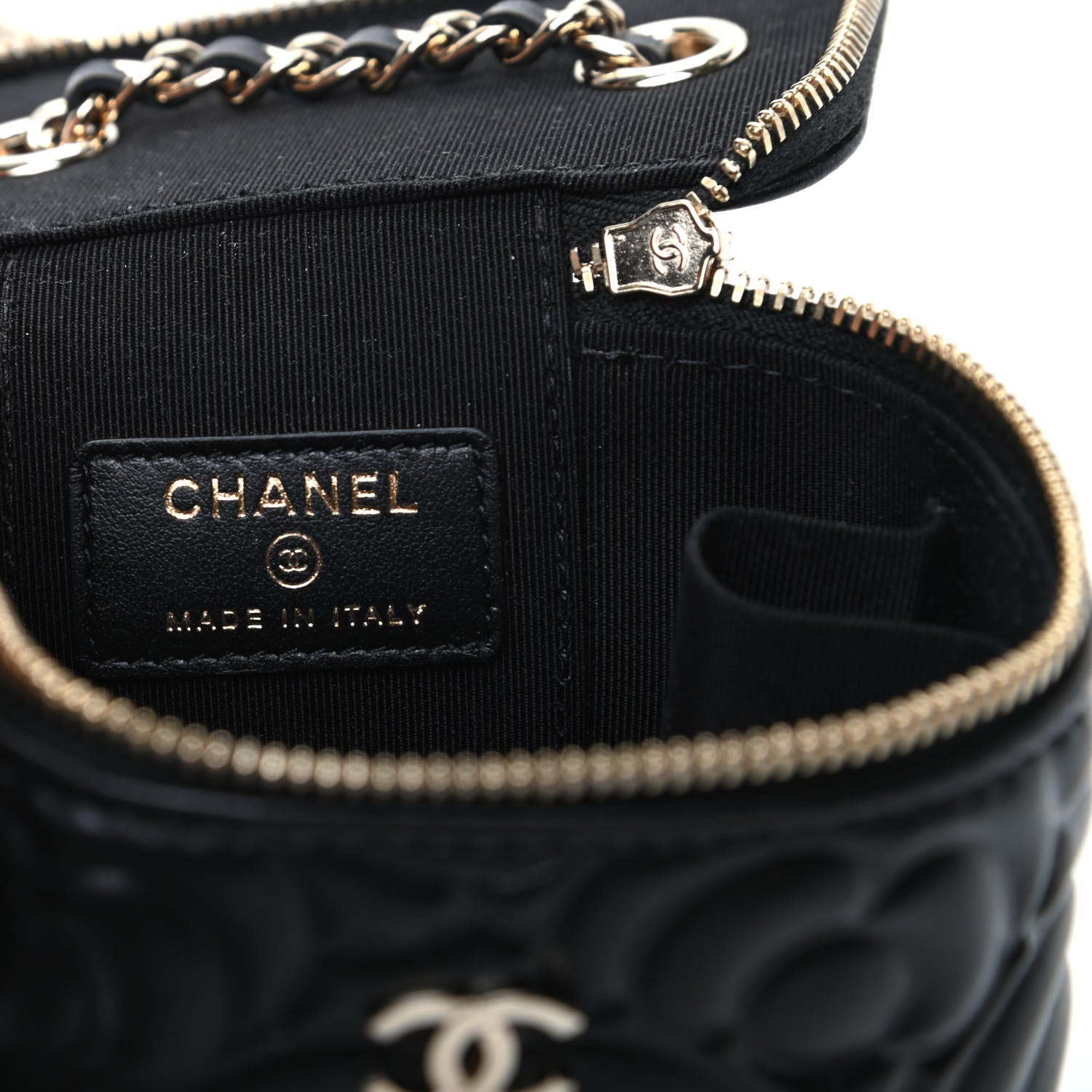 Chanel Lambskin Camellia Embossed Mini Vanity Case With Chain Black 6 of 10