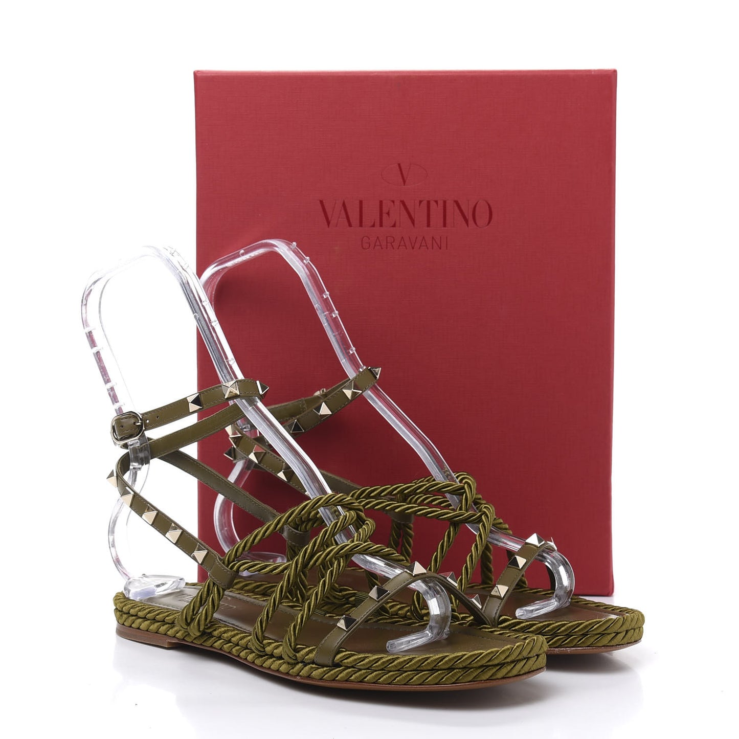 Calfskin Silk Rockstud Ankle Wrap Torchon Espadrille Flat Sandals 40 Lichen