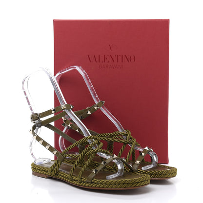 Valentino Garavani Calfskin Silk Rockstud Ankle Wrap Torchon Espadrille Flat Sandals 40 Lichen 9 of 9