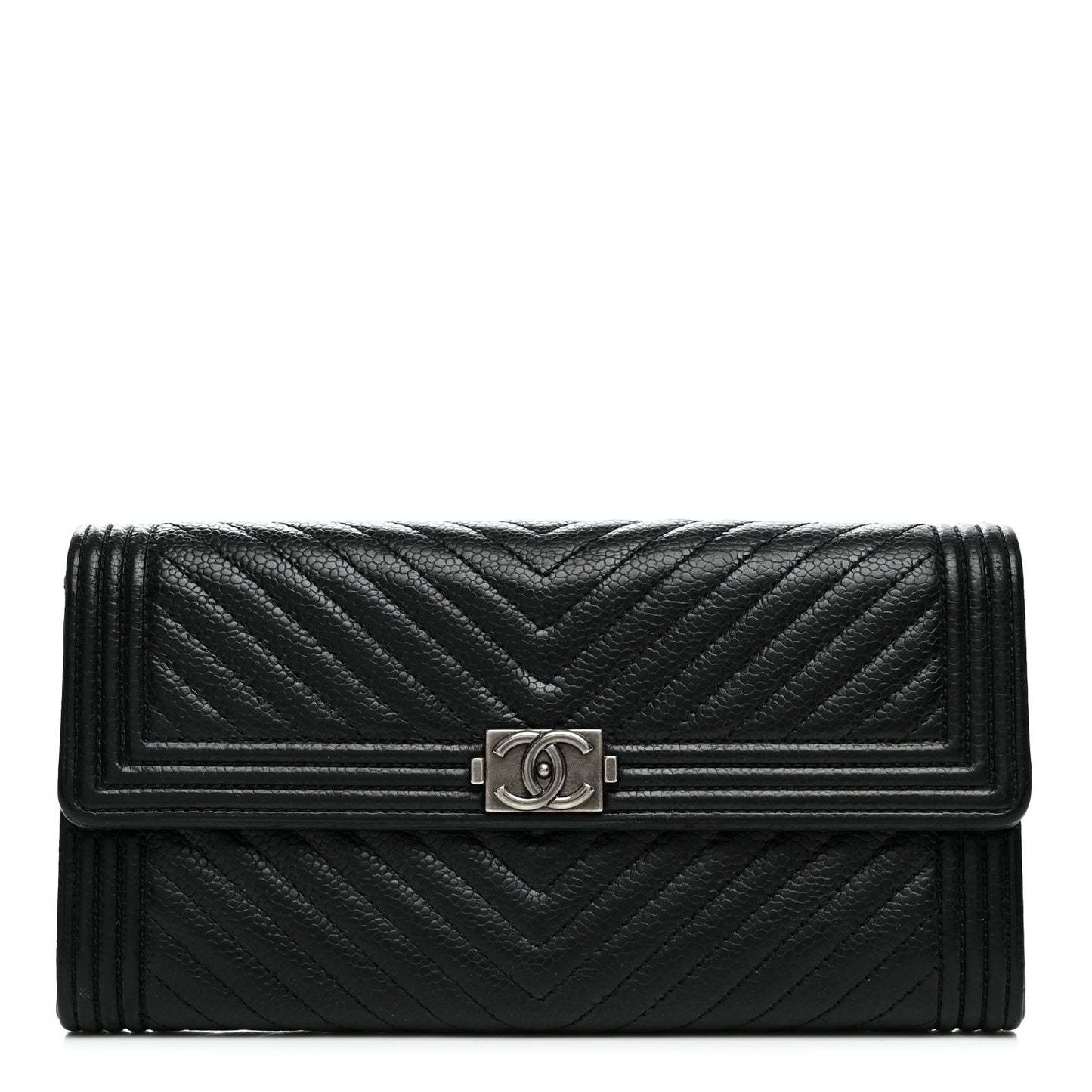 Caviar Chevron Quilted Boy Flap Wallet Black