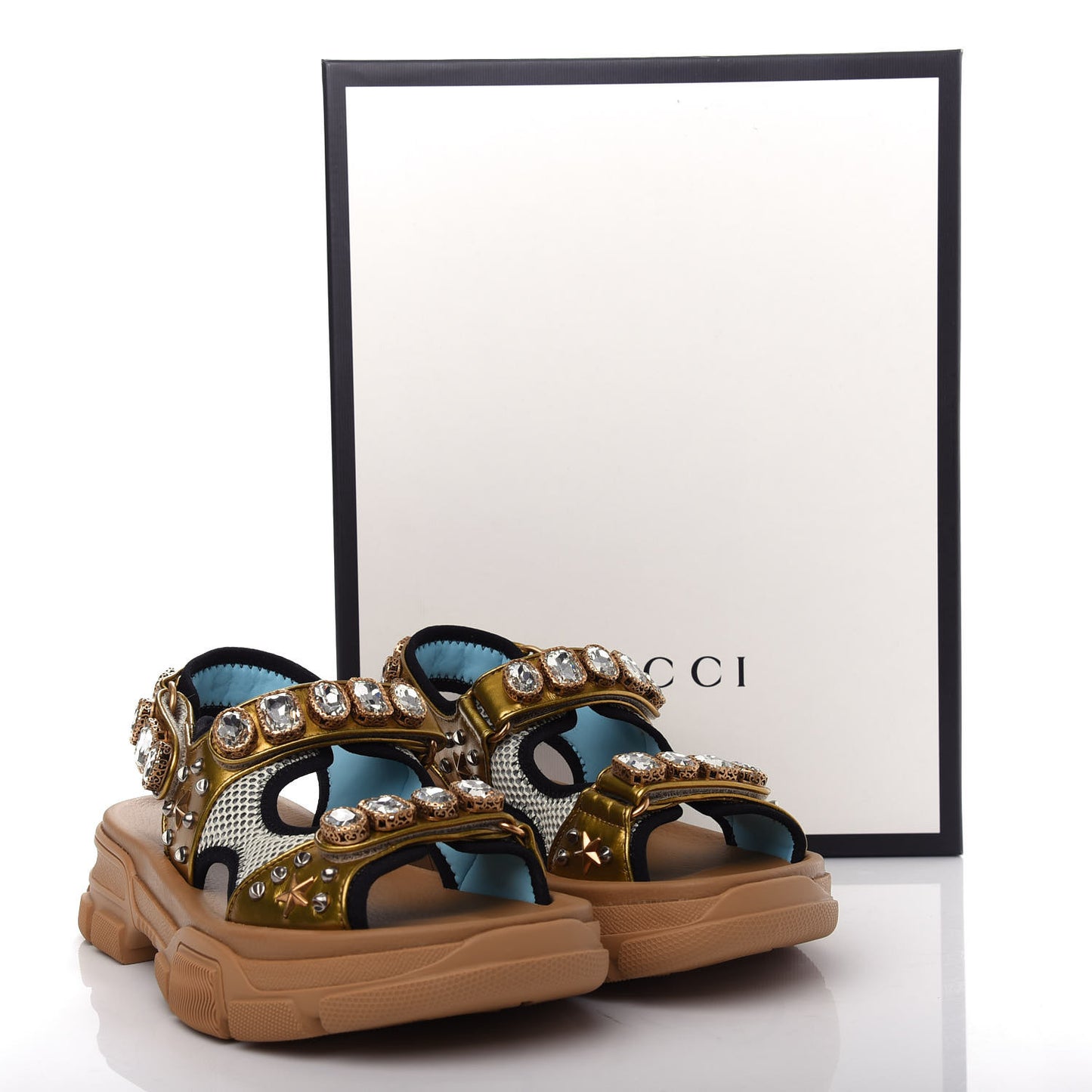 Silk Calfskin Mesh Crystal Embellished Studded Womens Aguru Sandals 38.5 Gold