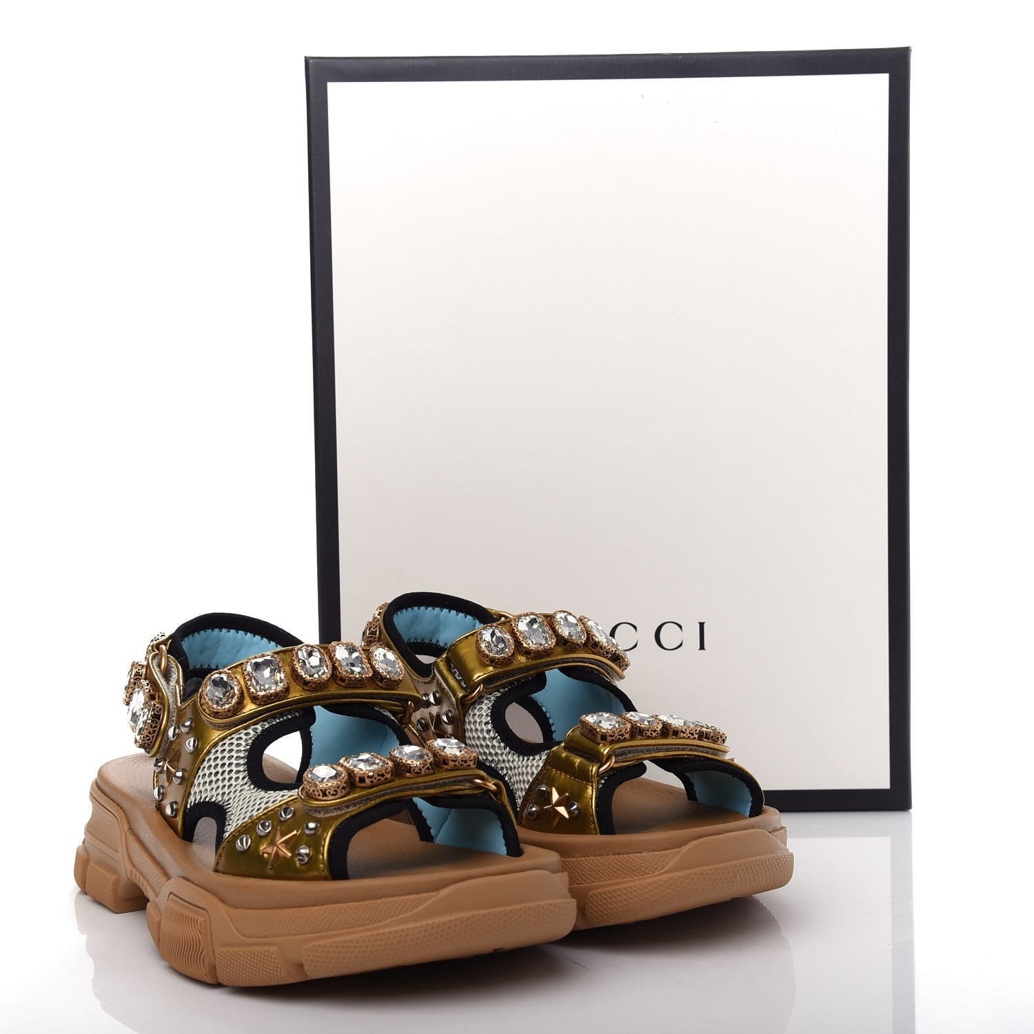 Gucci Silk Calfskin Mesh Crystal Embellished Studded Womens Aguru Sandals 38.5 Gold 10 of 10