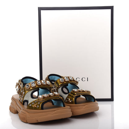 Gucci Silk Calfskin Mesh Crystal Embellished Studded Womens Aguru Sandals 38.5 Gold 10 of 10