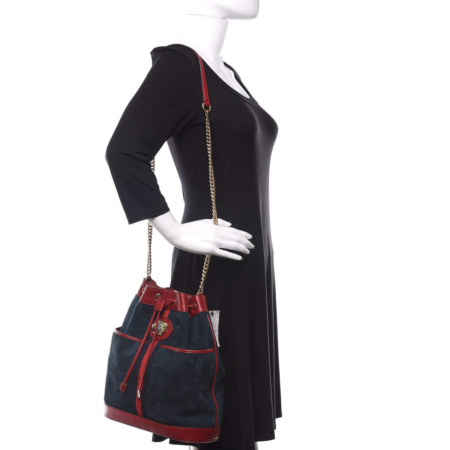 Suede Calfskin Web Medium Rajah Bucket Bag New Blue Romantic Cherry