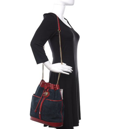 Gucci Suede Calfskin Web Medium Rajah Bucket Bag New Blue Romantic Cherry 2 of 10