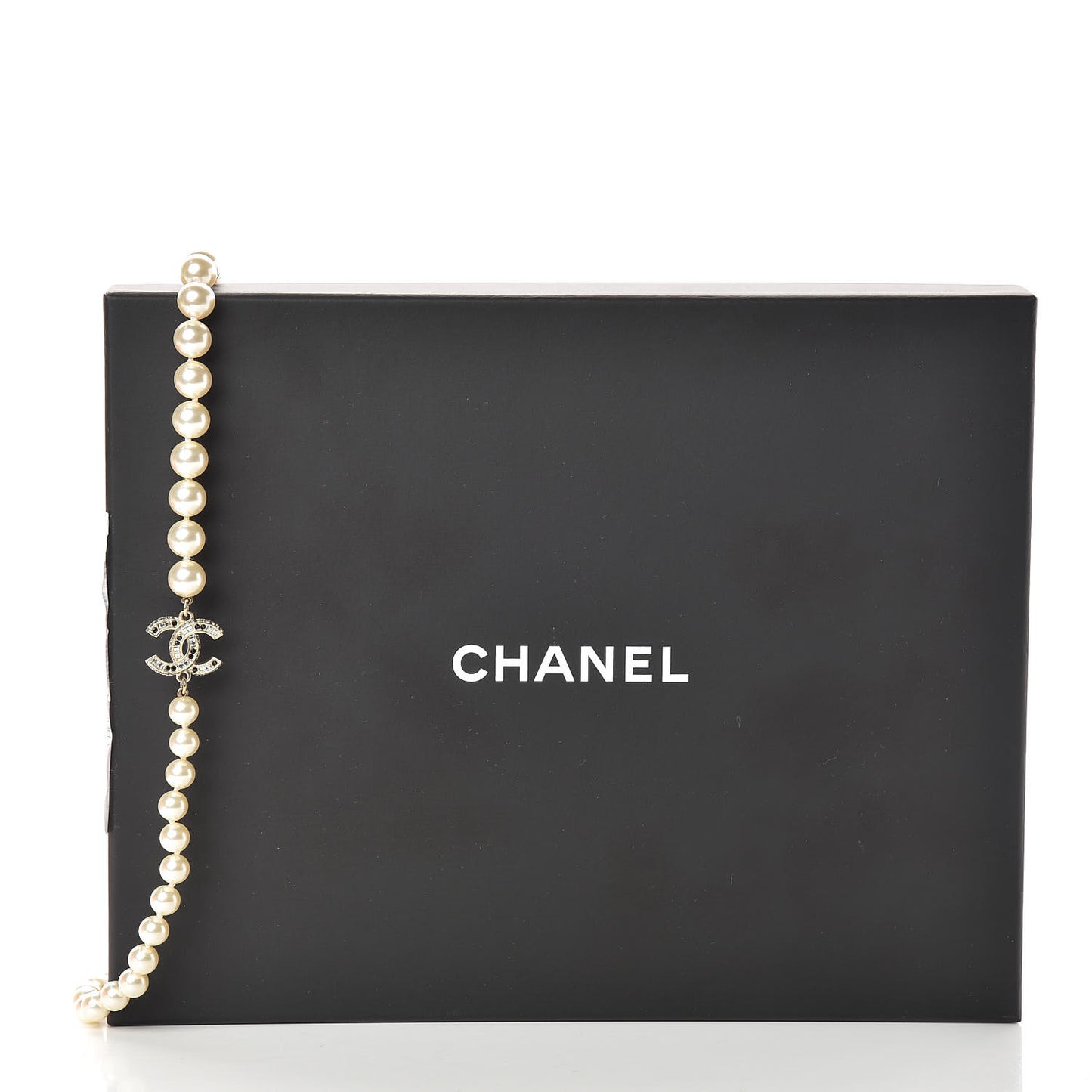 Graduated Pearl Crystal CC Long Necklace Black Gold