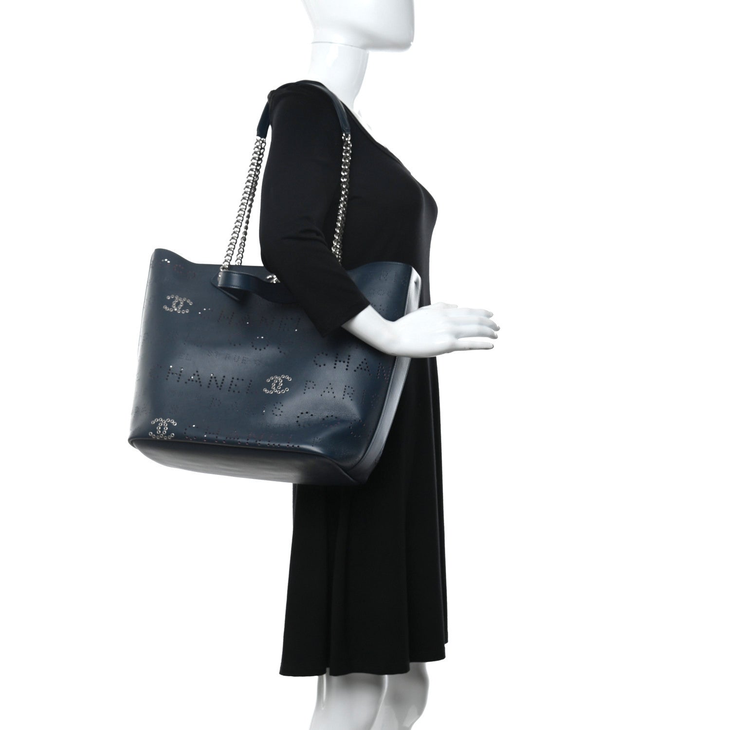 Chanel Calfskin Tweed Small Logo Eyelets Shopping Tote Navy Blue 2 of 9